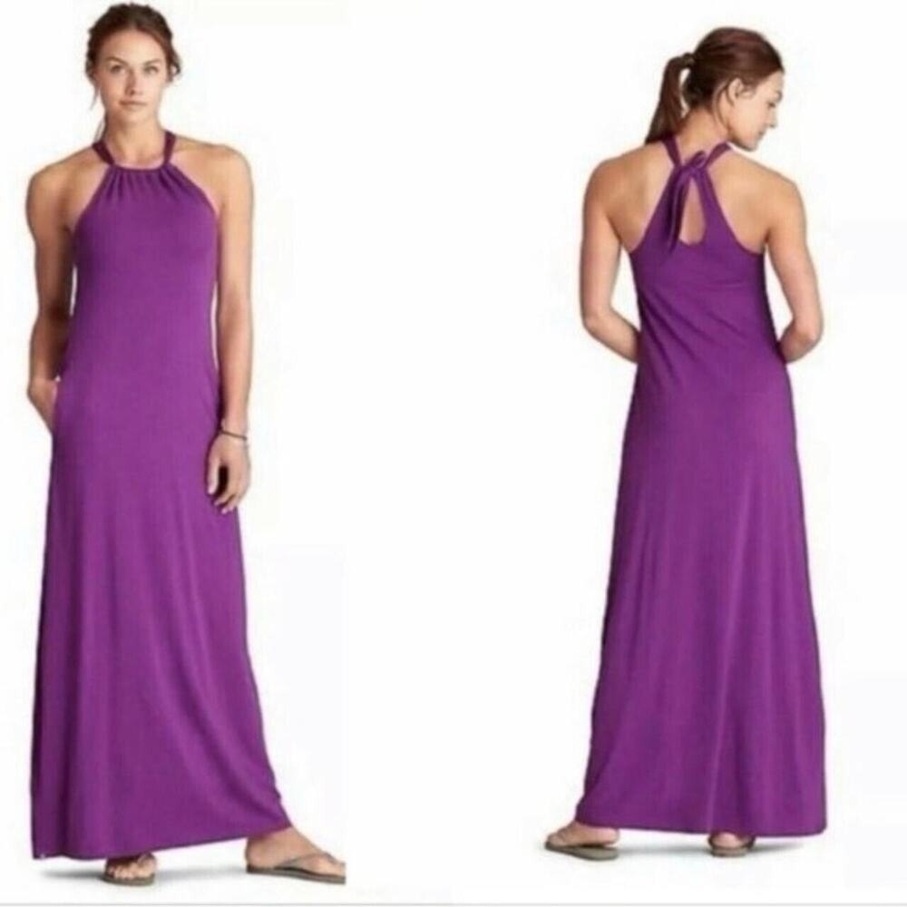 Athleta Size XS Santana Halter Maxi Dress Purple Neck Tie Adjustable Pockets